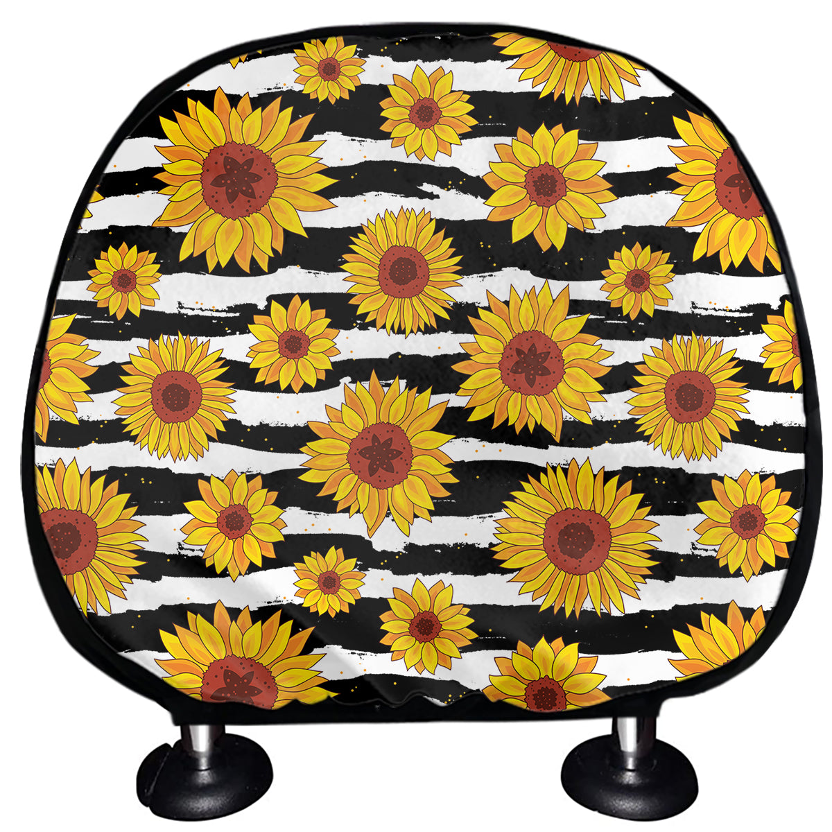 White And Black Stripe Sunflower Print Car Headrest Covers