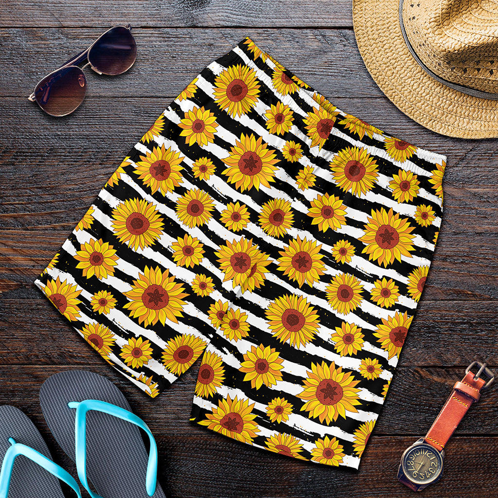 White And Black Stripe Sunflower Print Men's Shorts
