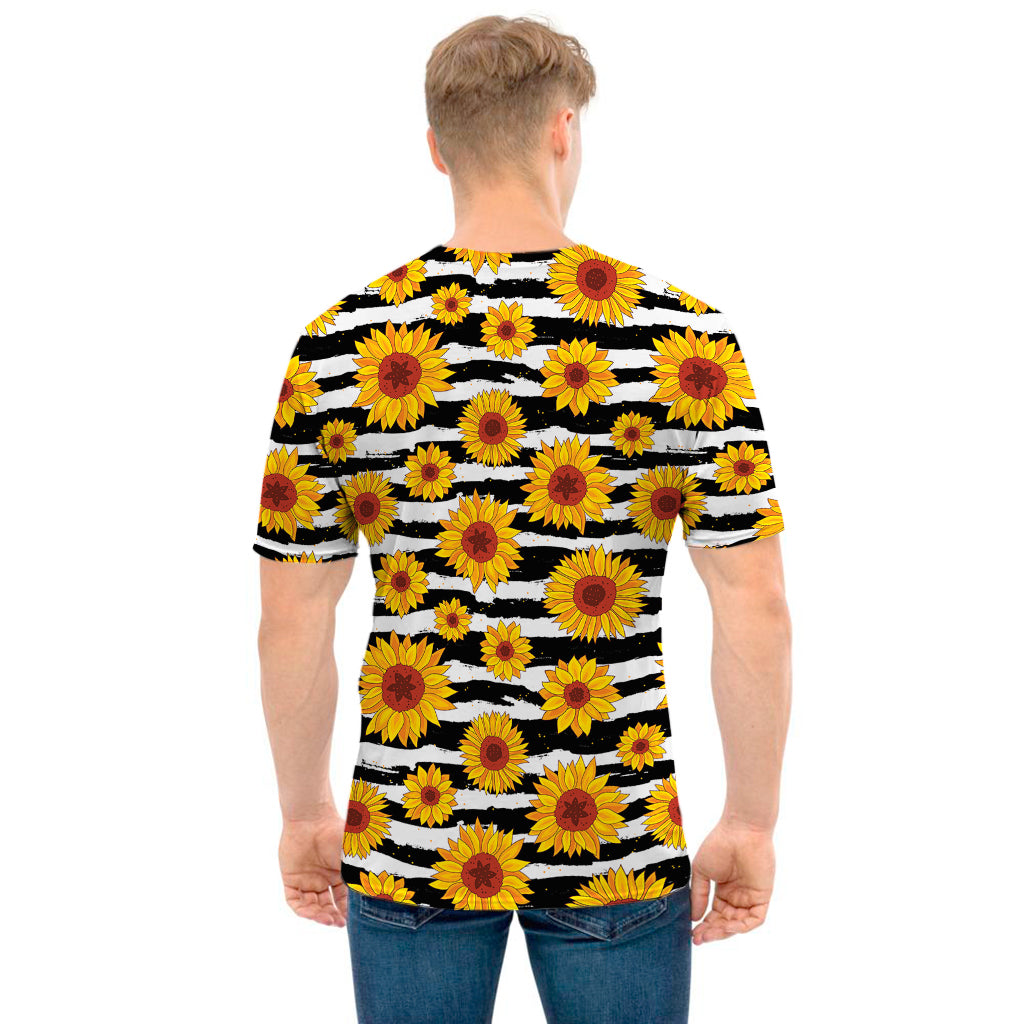 White And Black Stripe Sunflower Print Men's T-Shirt