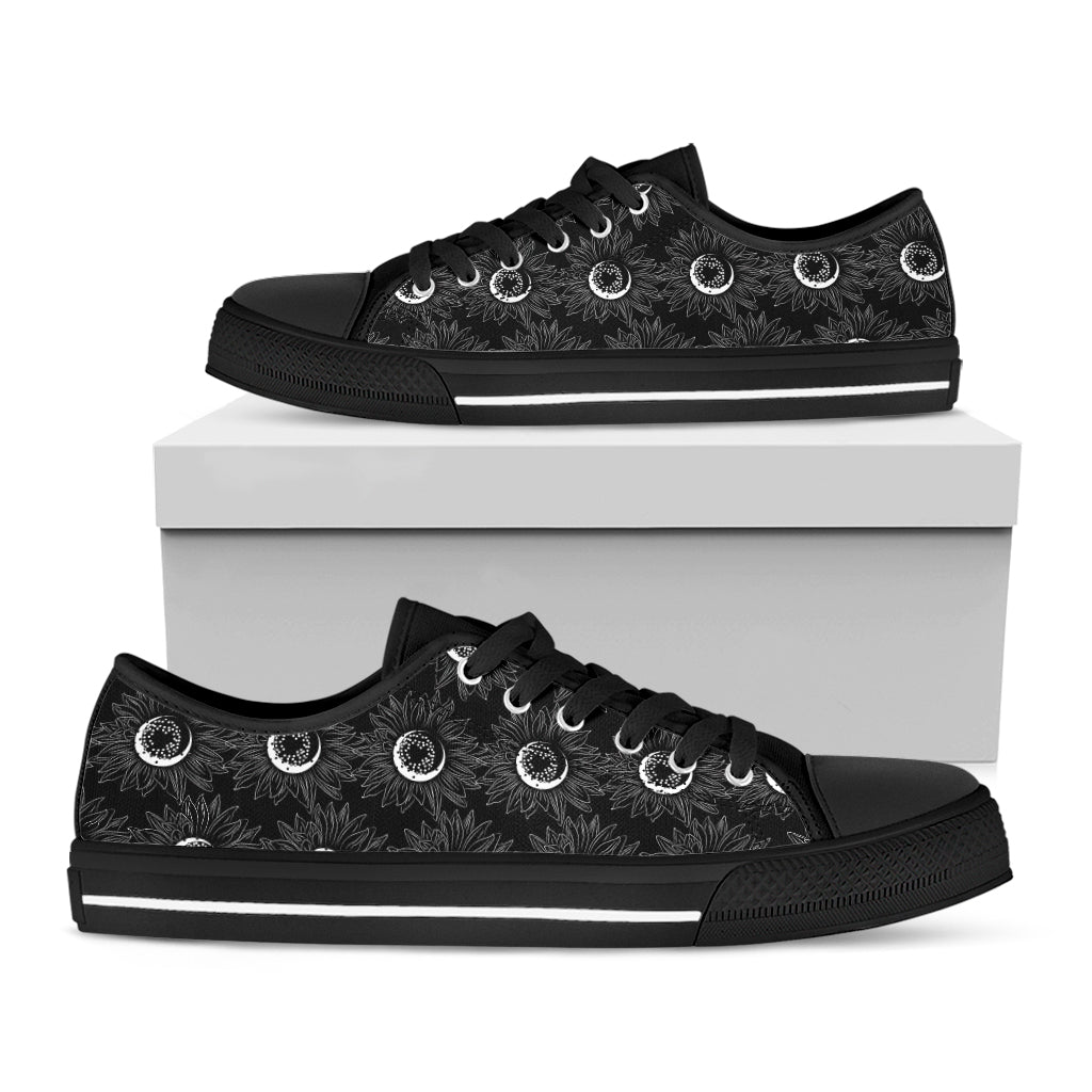 White And Black Sunflower Pattern Print Black Low Top Shoes