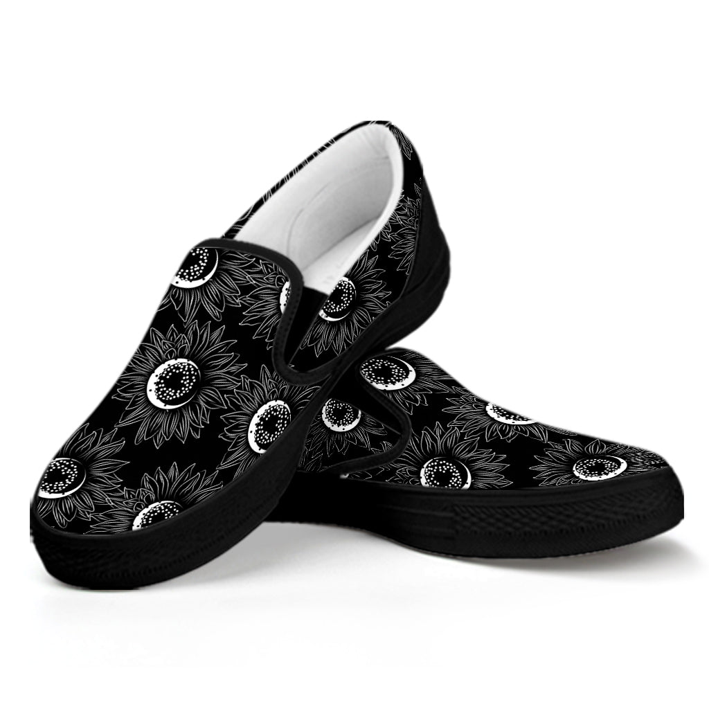 White And Black Sunflower Pattern Print Black Slip On Shoes
