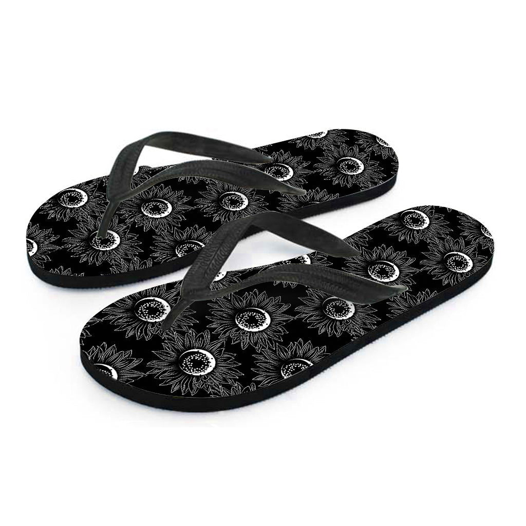 White And Black Sunflower Pattern Print Flip Flops