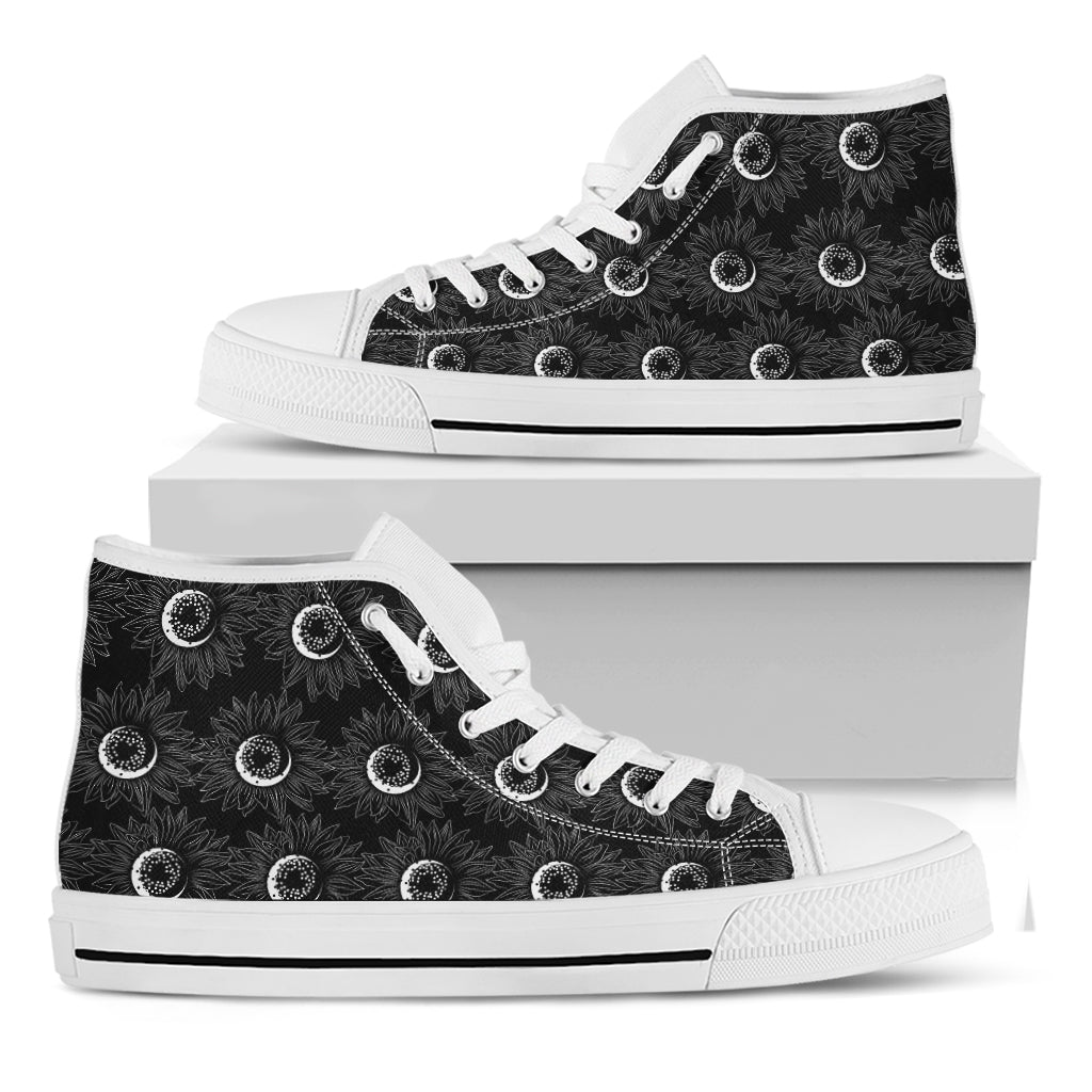 White And Black Sunflower Pattern Print White High Top Shoes