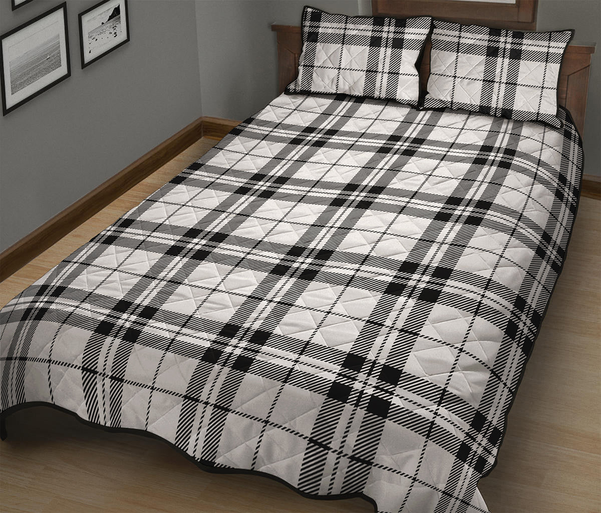 White And Black Tartan Pattern Print Quilt Bed Set