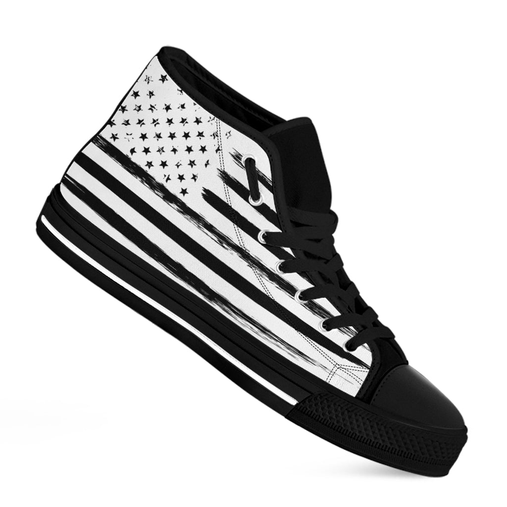 White And Black USA Flag Print Black High Top Shoes