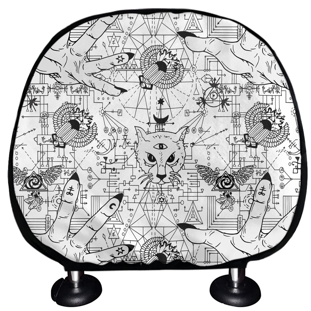 White And Black Wicca Magical Print Car Headrest Covers