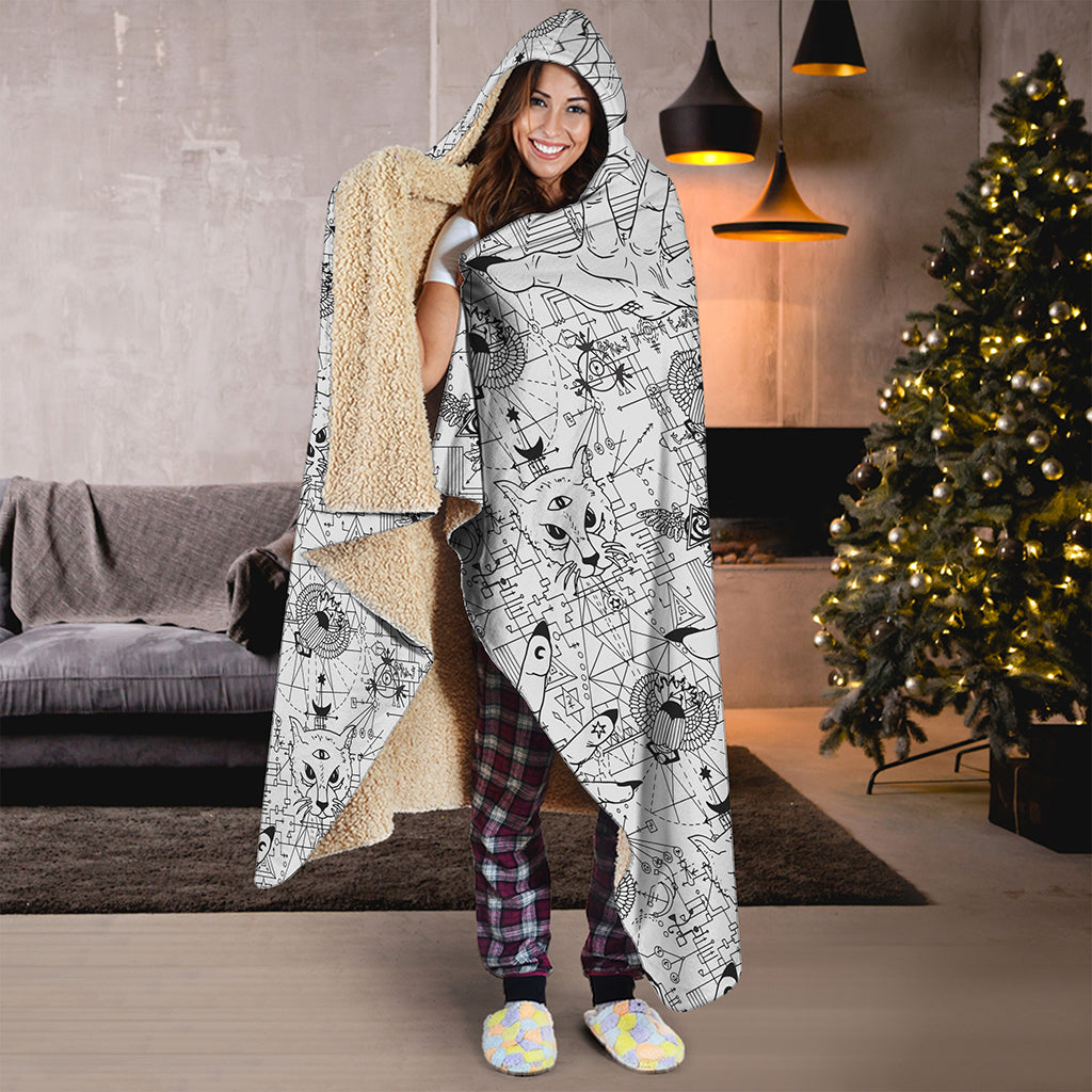 White And Black Wicca Magical Print Hooded Blanket