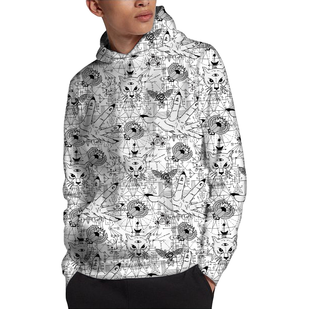 White And Black Wicca Magical Print Pullover Hoodie