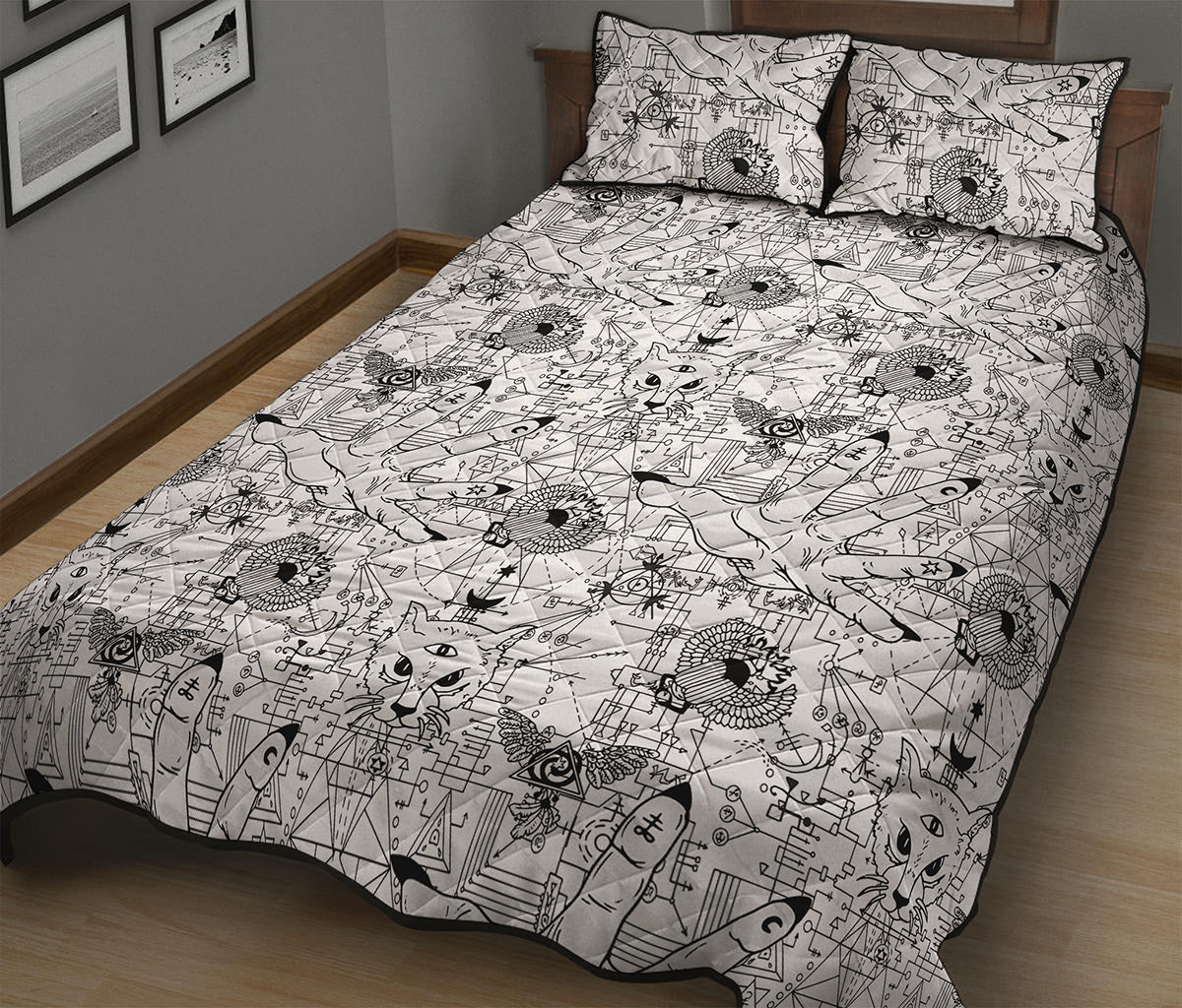 White And Black Wicca Magical Print Quilt Bed Set