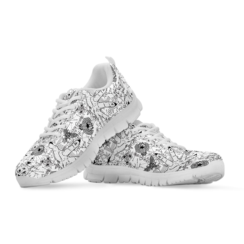 White And Black Wicca Magical Print White Sneakers