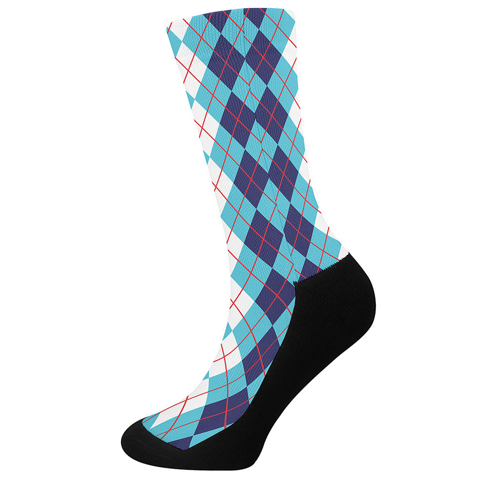 White And Blue Argyle Pattern Print Crew Socks