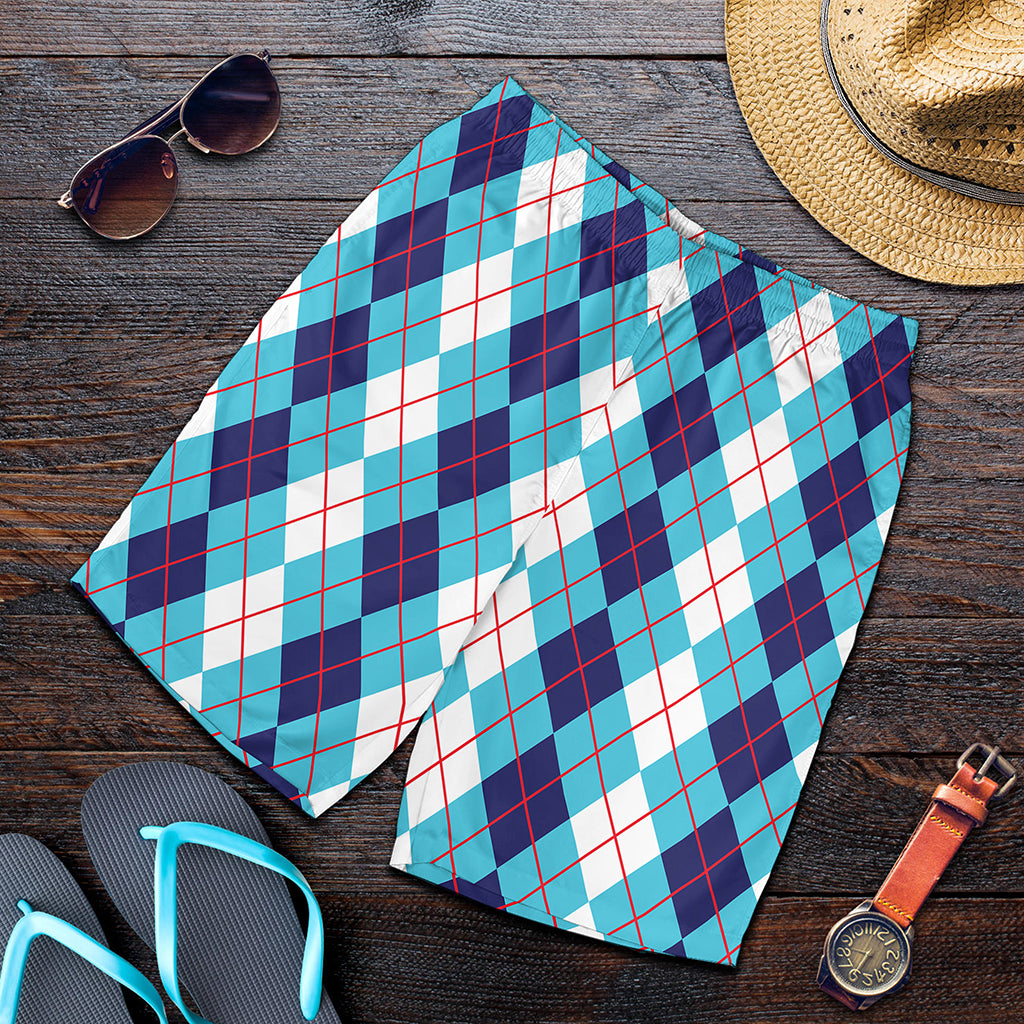 White And Blue Argyle Pattern Print Men's Shorts