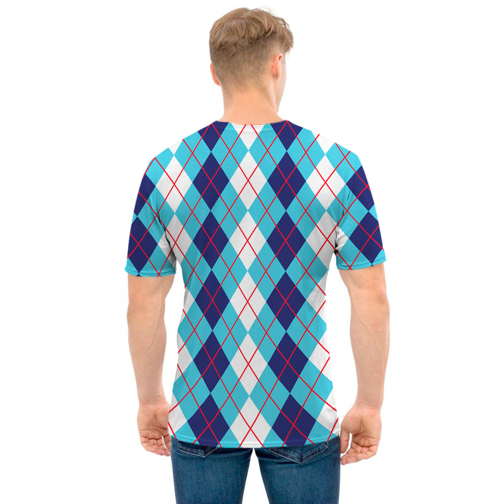 White And Blue Argyle Pattern Print Men's T-Shirt