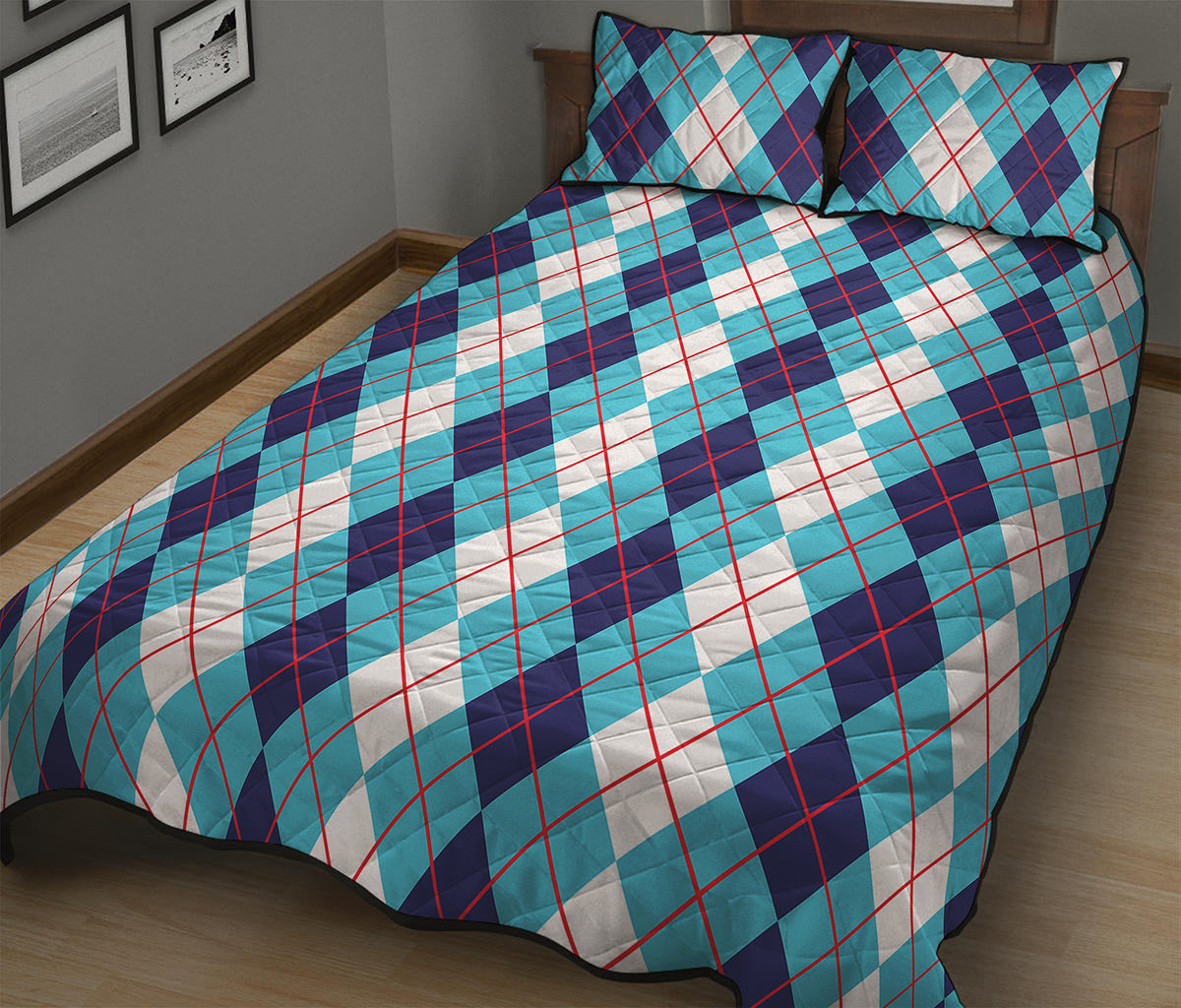 White And Blue Argyle Pattern Print Quilt Bed Set