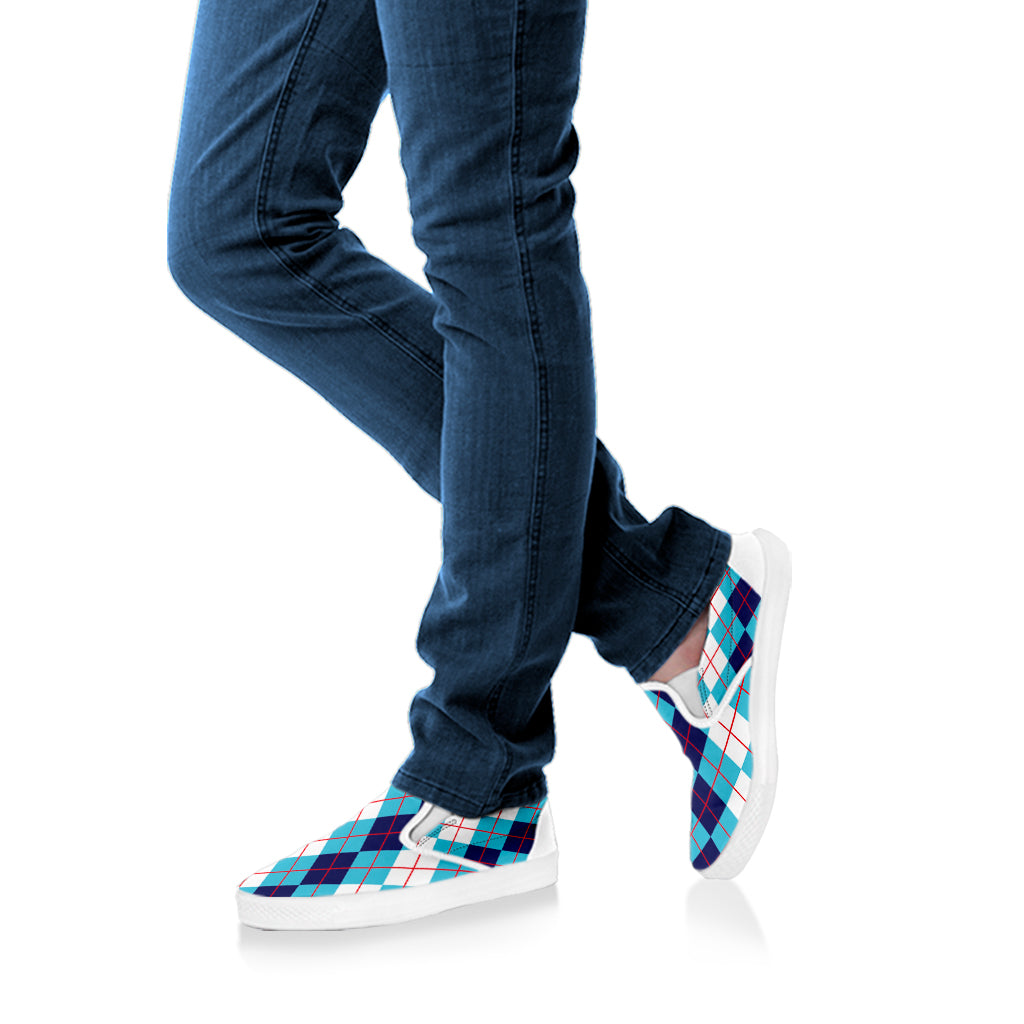 White And Blue Argyle Pattern Print White Slip On Shoes