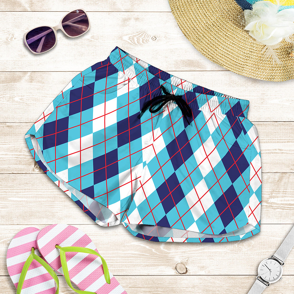 White And Blue Argyle Pattern Print Women's Shorts