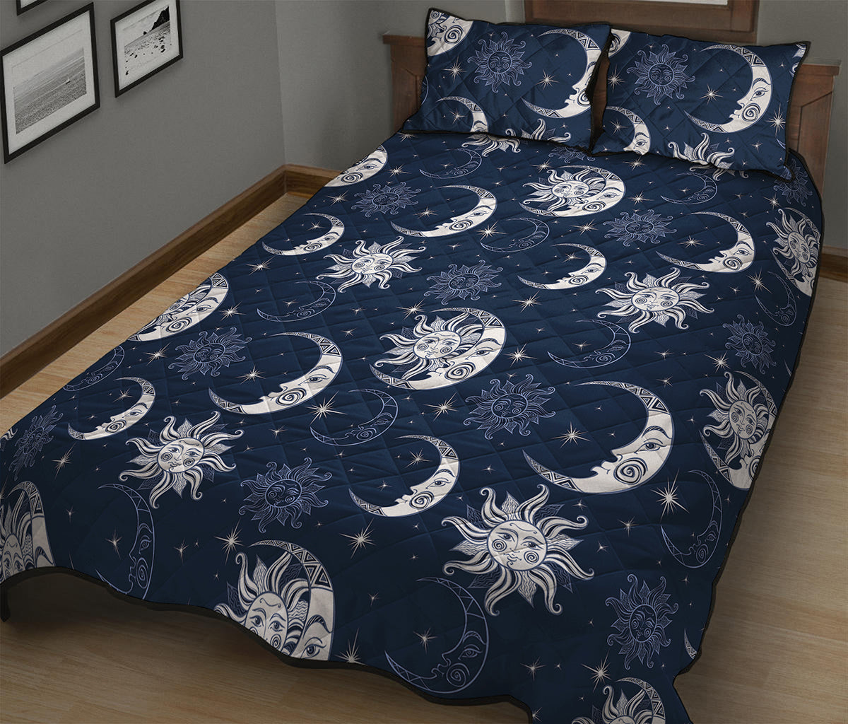 White And Blue Celestial Pattern Print Quilt Bed Set