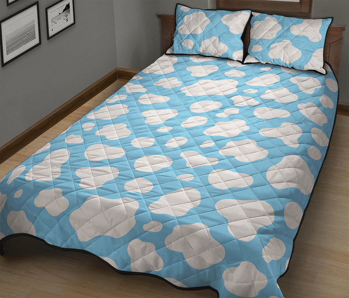 White And Blue Cow Print Quilt Bed Set