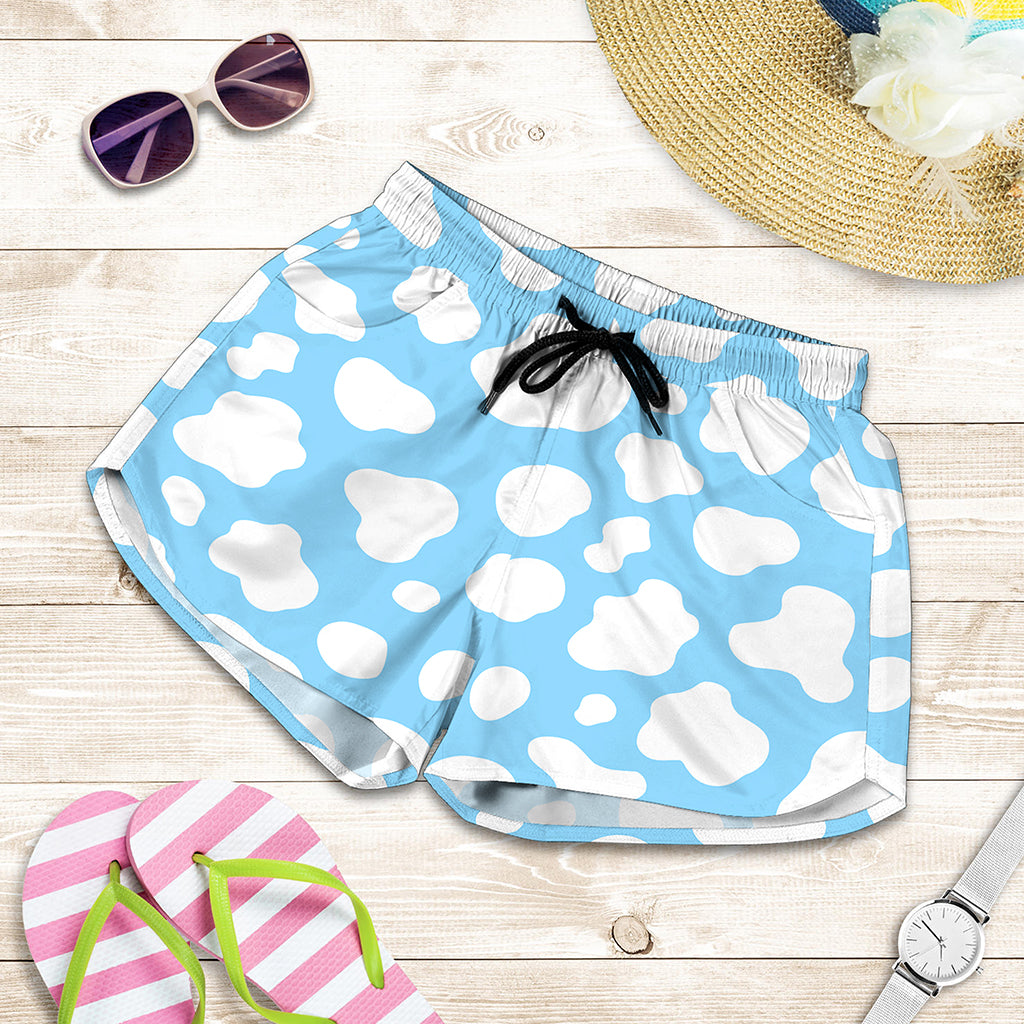 White And Blue Cow Print Women's Shorts