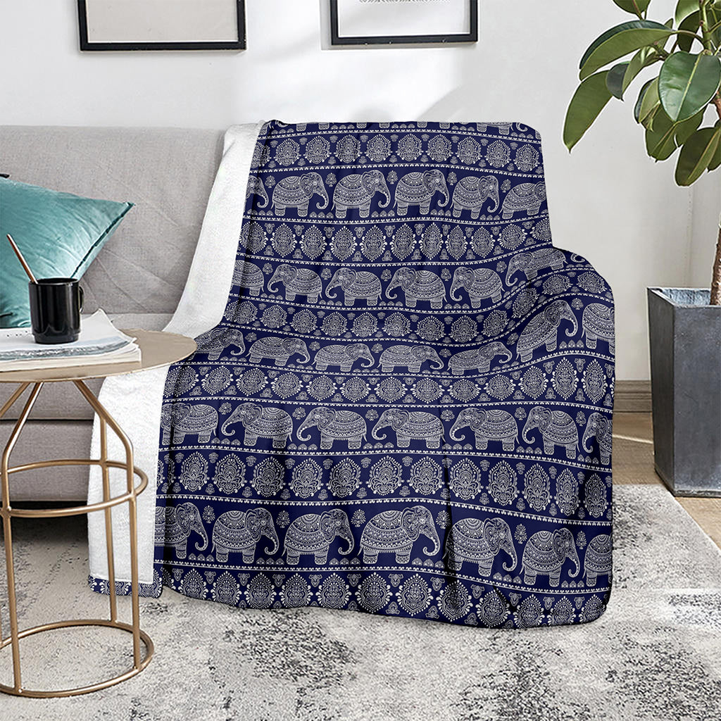 White And Blue Indian Elephant Print Blanket