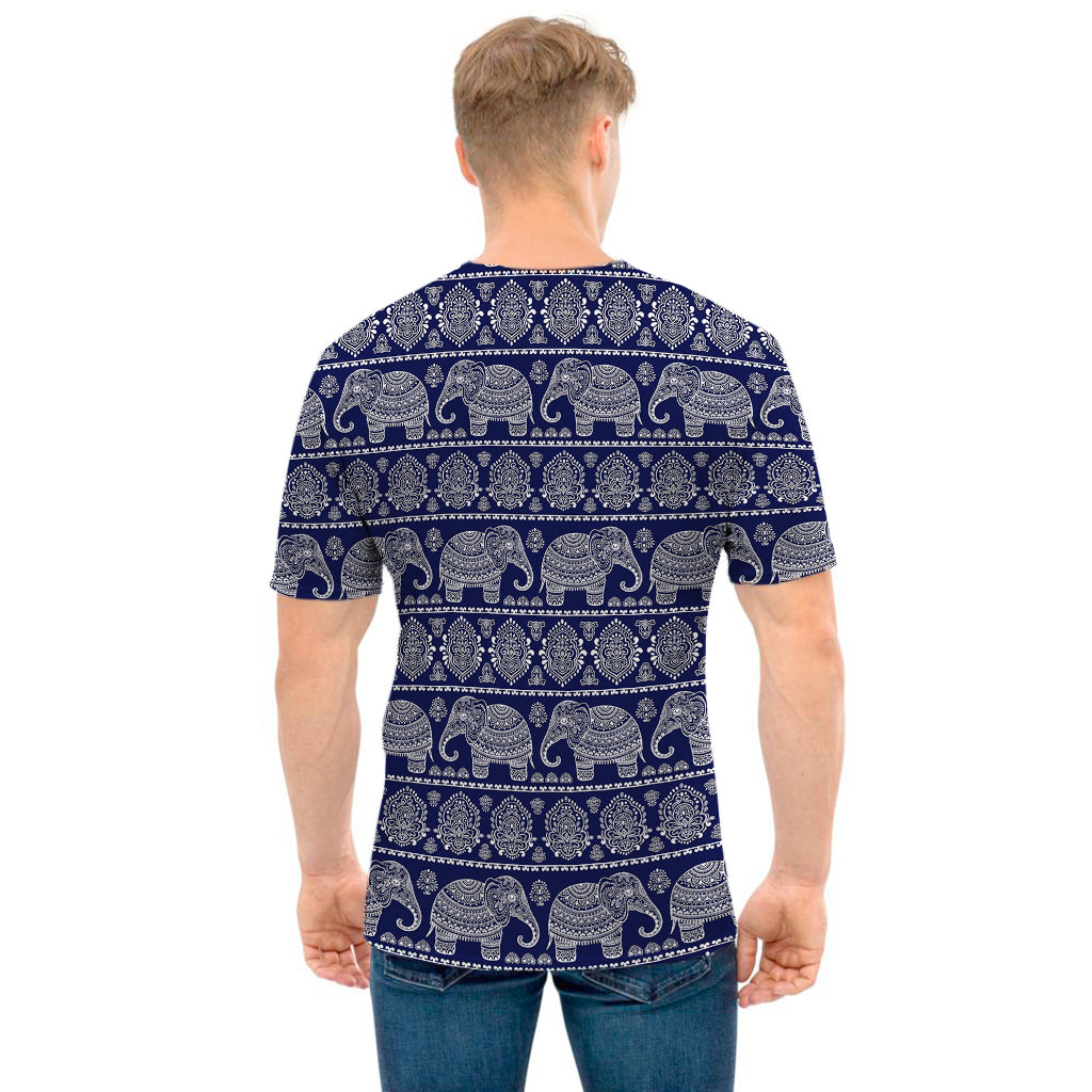 White And Blue Indian Elephant Print Men's T-Shirt
