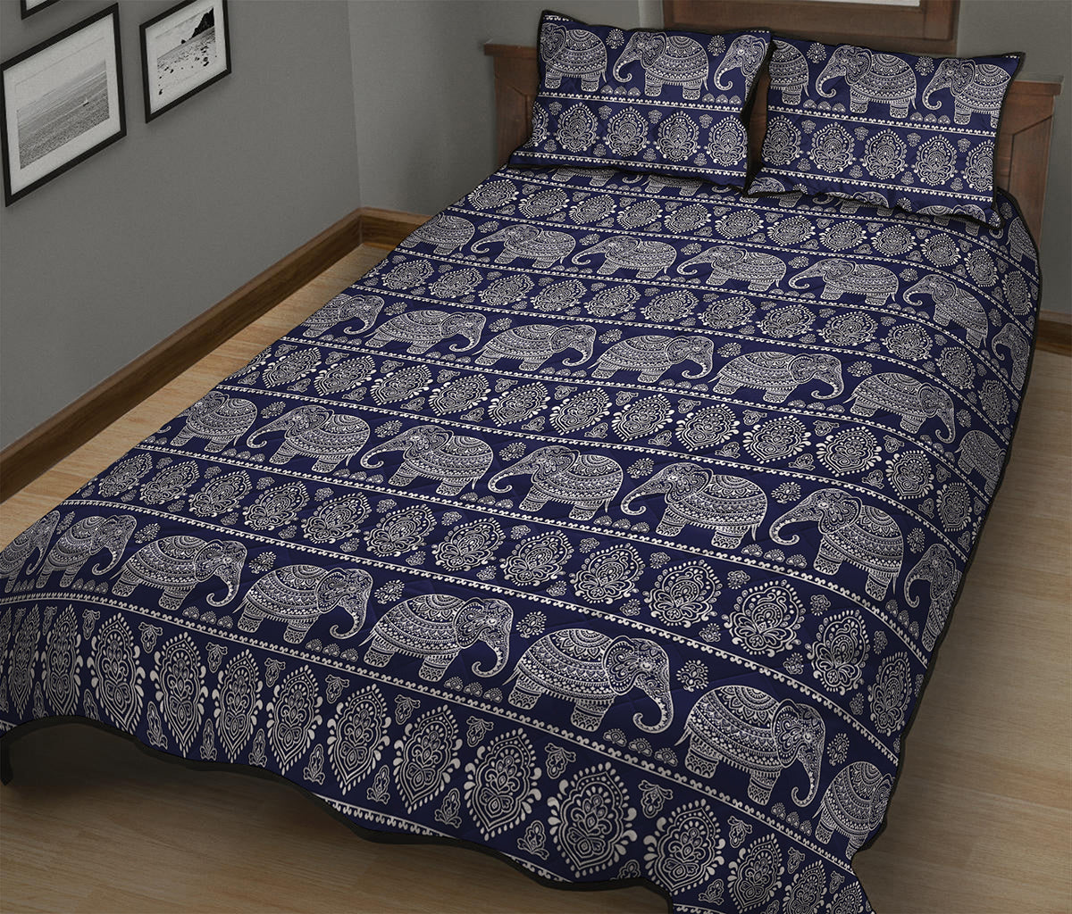 White And Blue Indian Elephant Print Quilt Bed Set