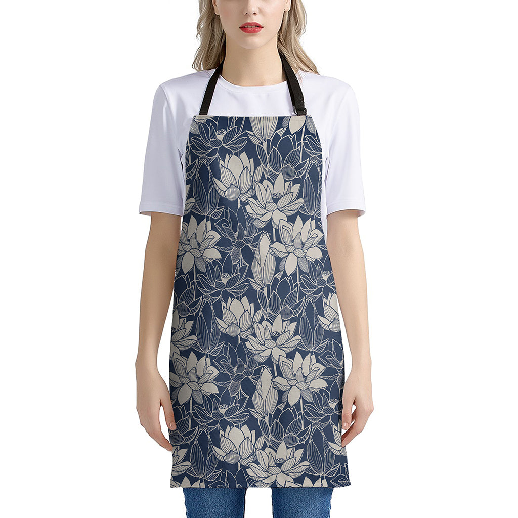 White And Blue Lotus Flower Print Apron
