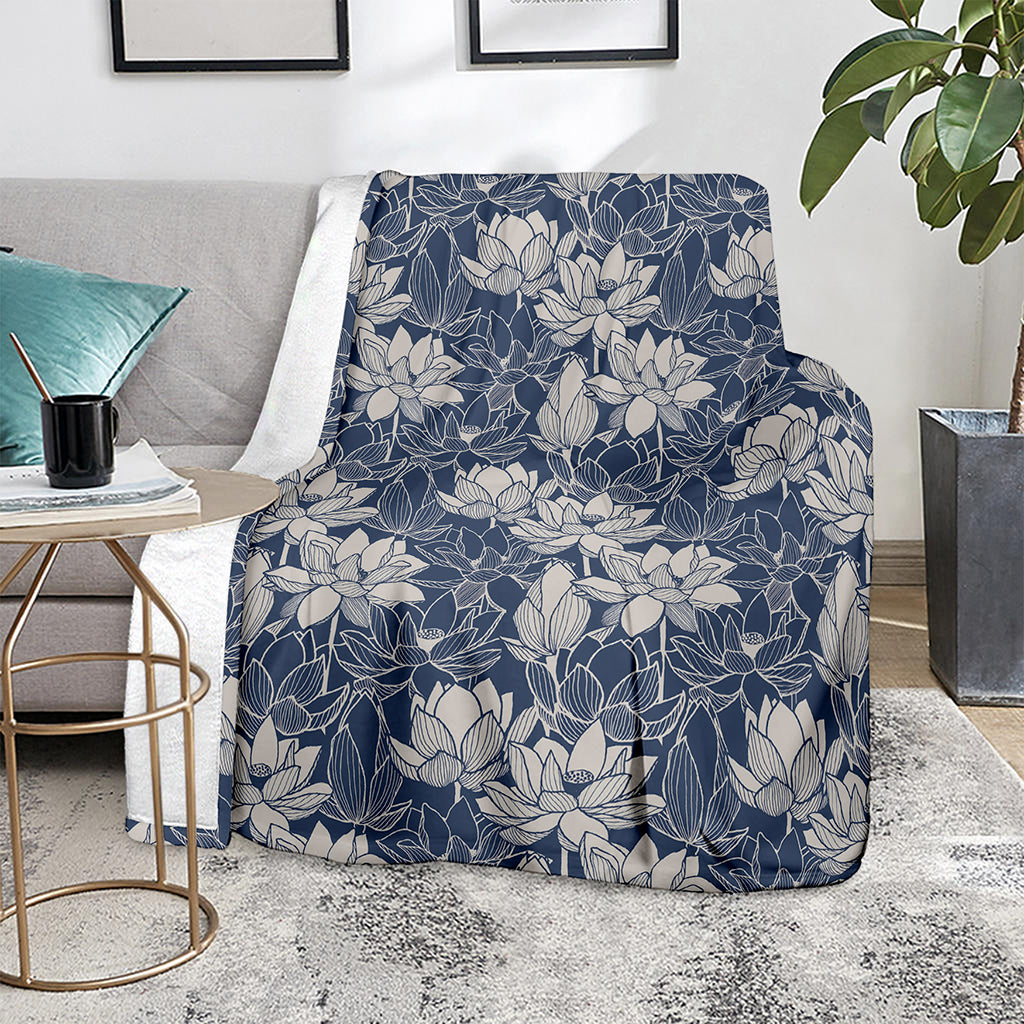 White And Blue Lotus Flower Print Blanket