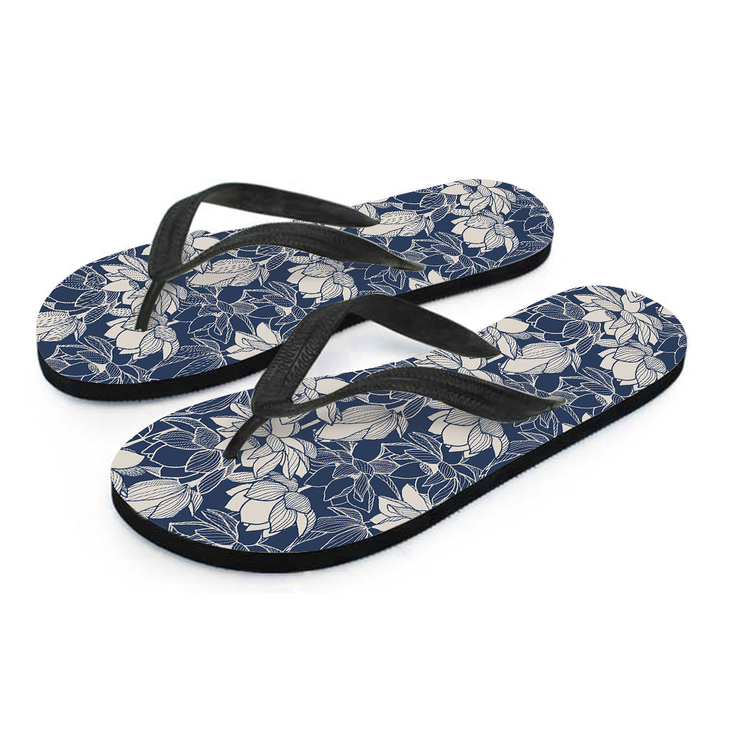 White And Blue Lotus Flower Print Flip Flops
