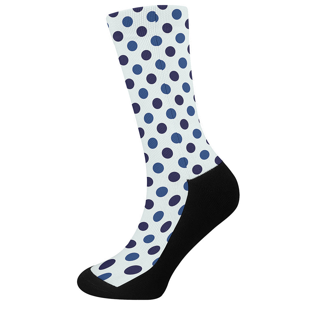 White And Blue Polka Dot Pattern Print Crew Socks