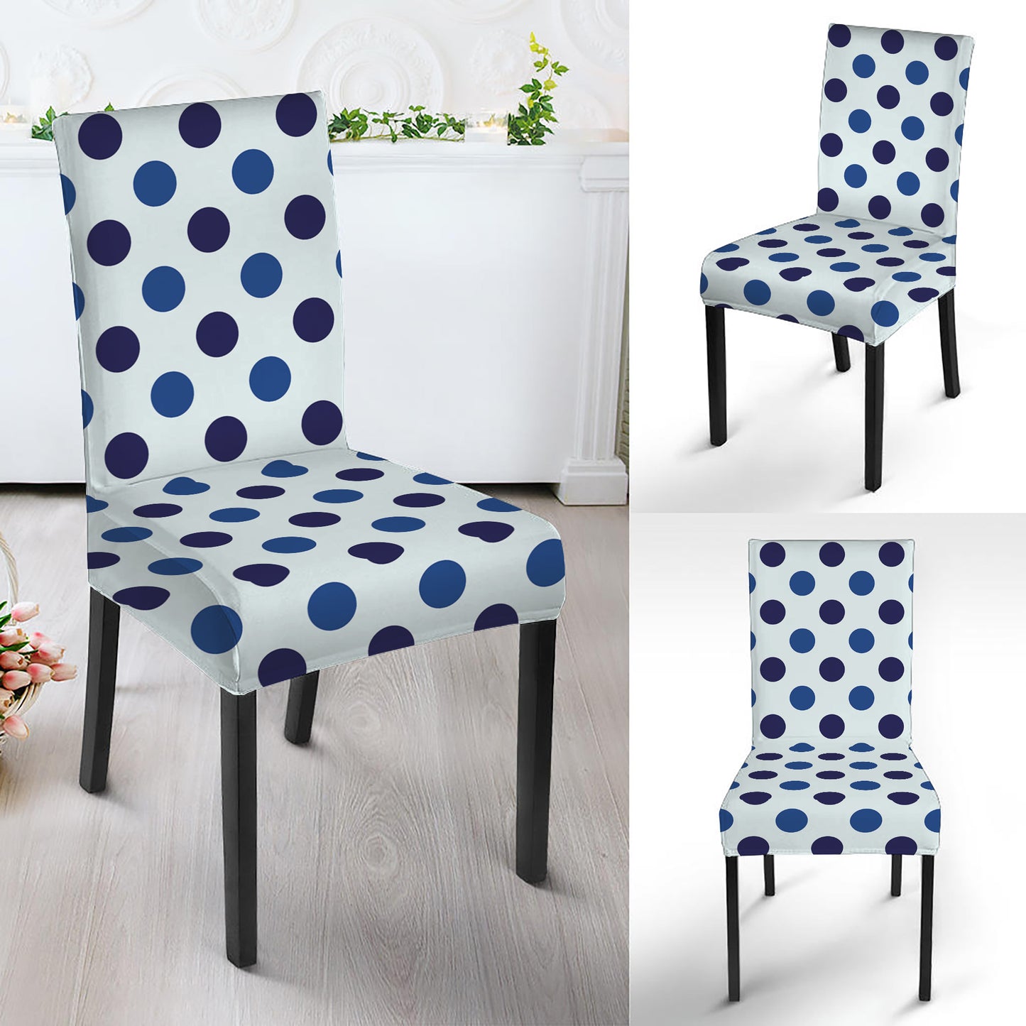 White And Blue Polka Dot Pattern Print Dining Chair Slipcover