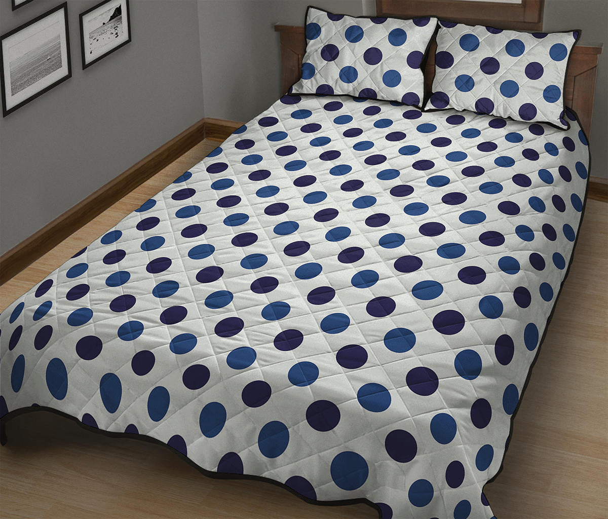 White And Blue Polka Dot Pattern Print Quilt Bed Set