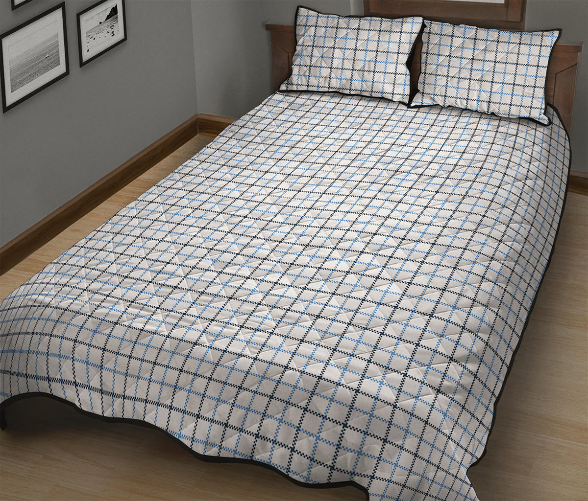White And Blue Tattersall Pattern Print Quilt Bed Set