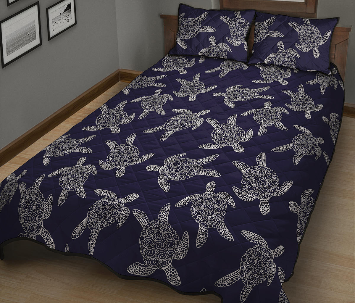 White And Blue Turtle Pattern Print Quilt Bed Set