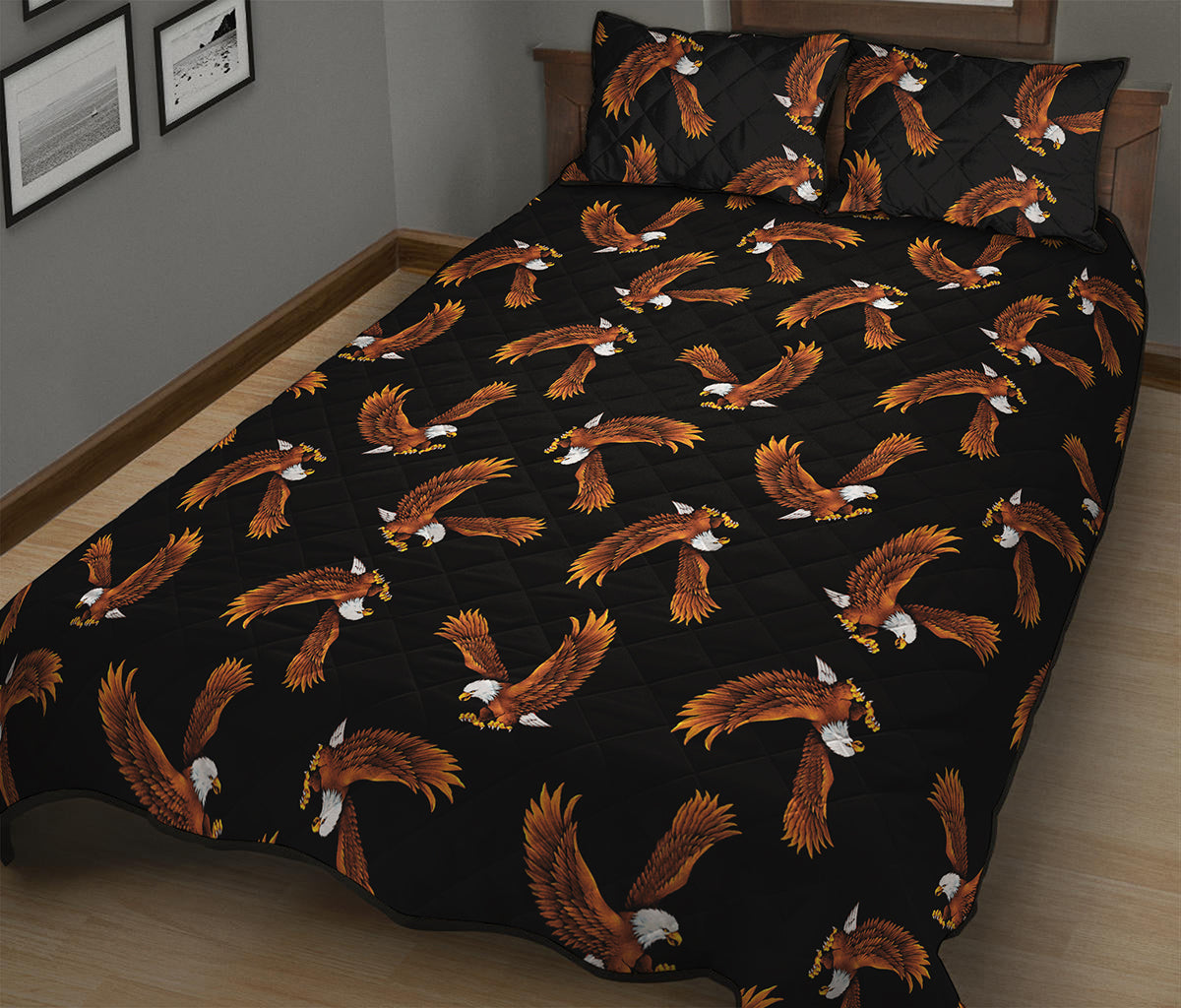 White And Brown Eagle Pattern Print Quilt Bed Set