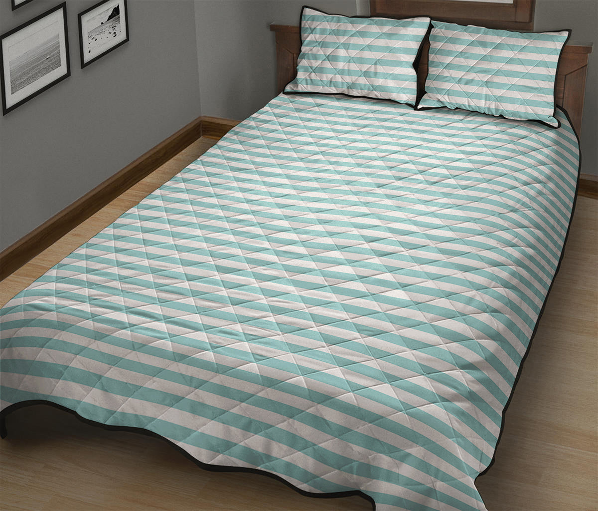 White And Cyan Striped Pattern Print Quilt Bed Set