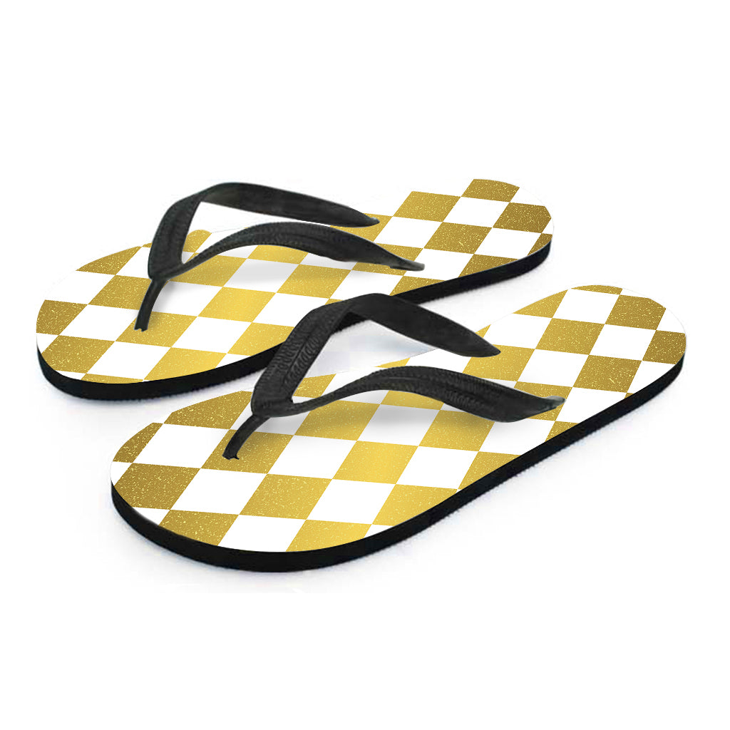 White And Gold Harlequin Pattern Print Flip Flops