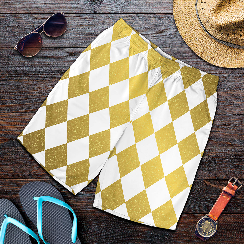 White And Gold Harlequin Pattern Print Men's Shorts