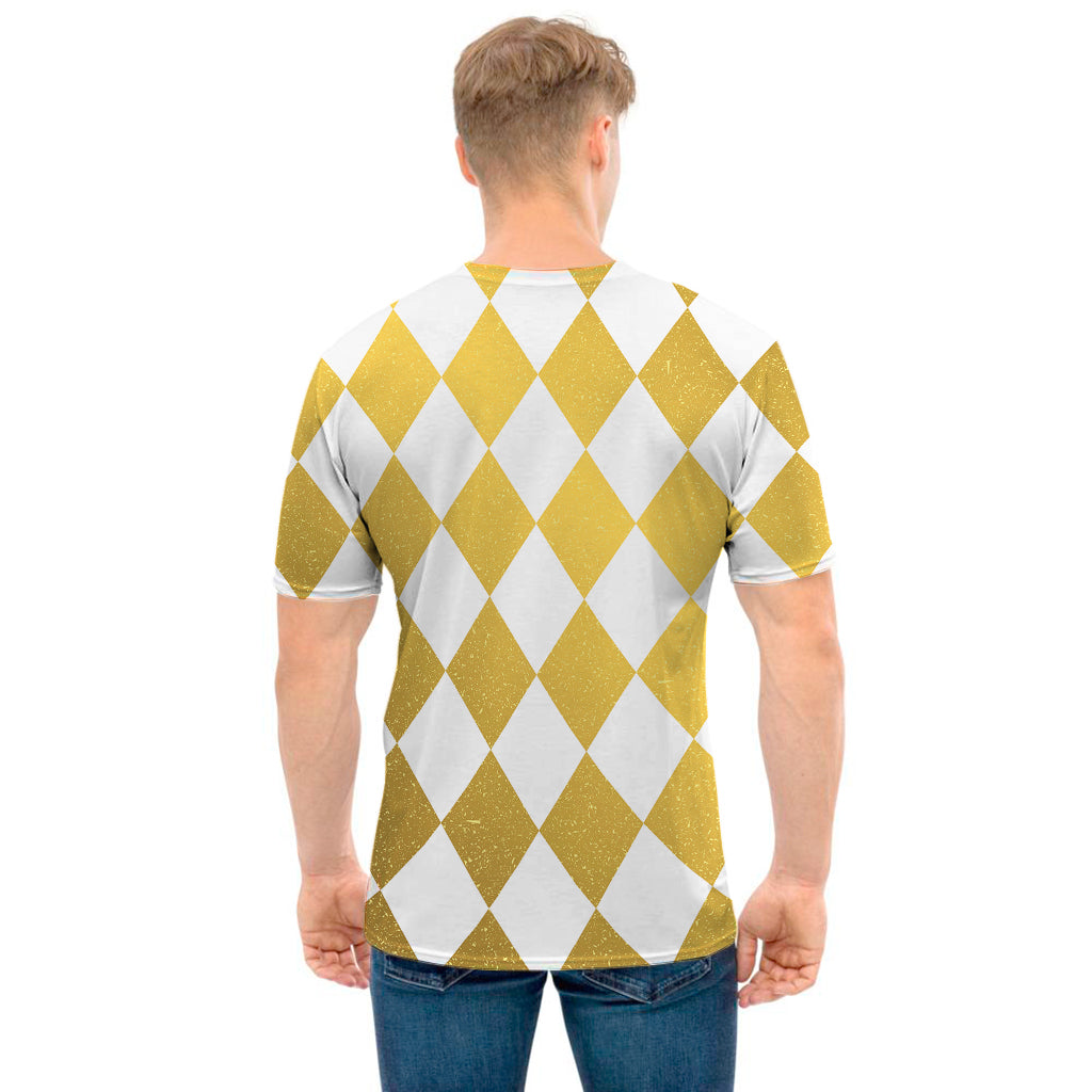 White And Gold Harlequin Pattern Print Men's T-Shirt