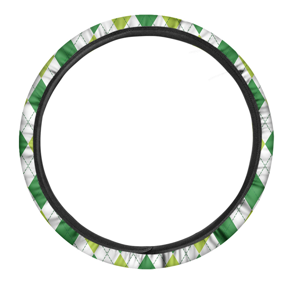 White And Green Argyle Pattern Print Car Steering Wheel Cover