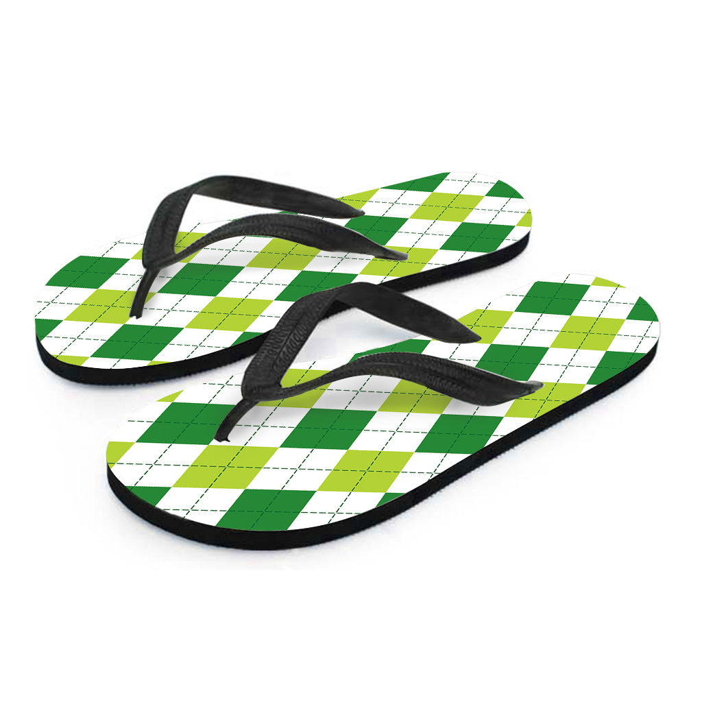White And Green Argyle Pattern Print Flip Flops