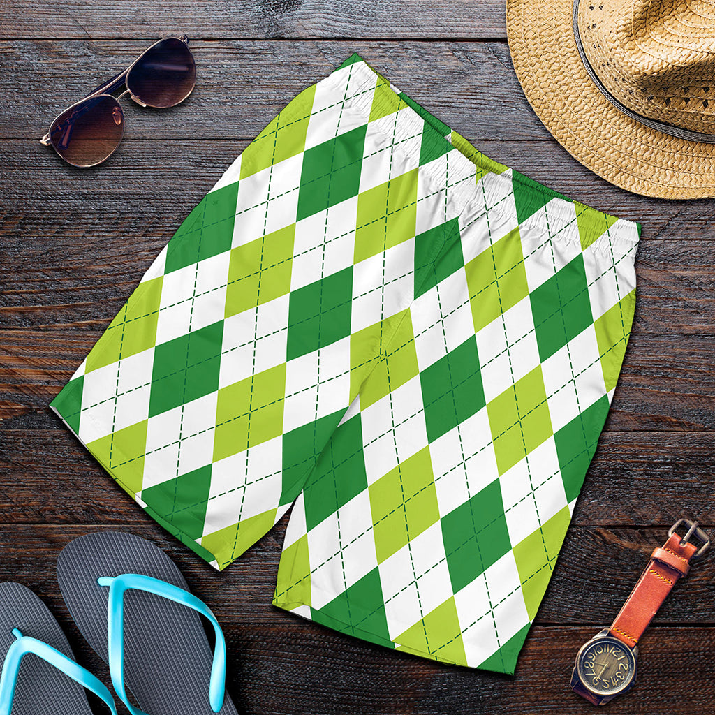 White And Green Argyle Pattern Print Men's Shorts