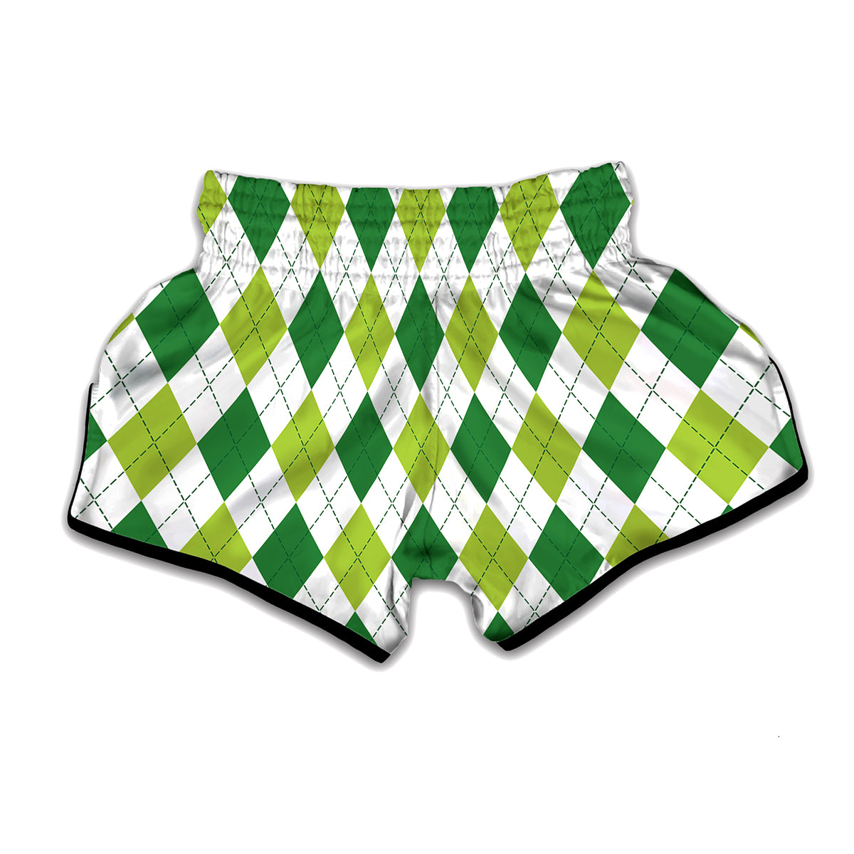 White And Green Argyle Pattern Print Muay Thai Boxing Shorts