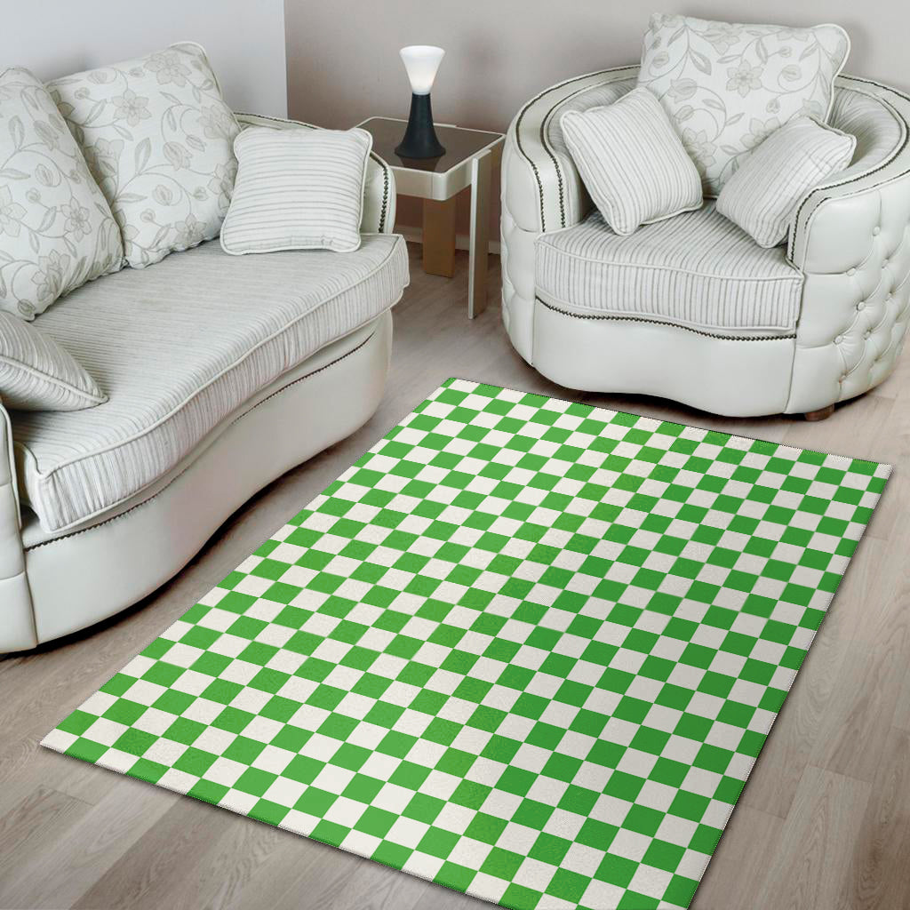 White And Green Checkered Print Area Rug
