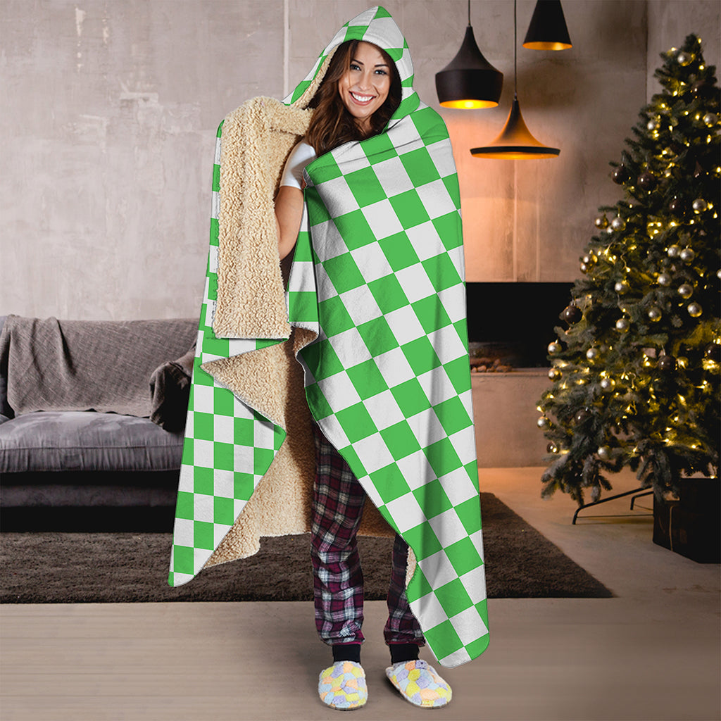 White And Green Checkered Print Hooded Blanket