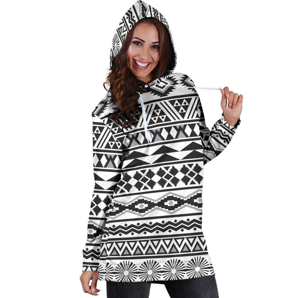 White And Grey Aztec Pattern Print Hoodie Dress GearFrost