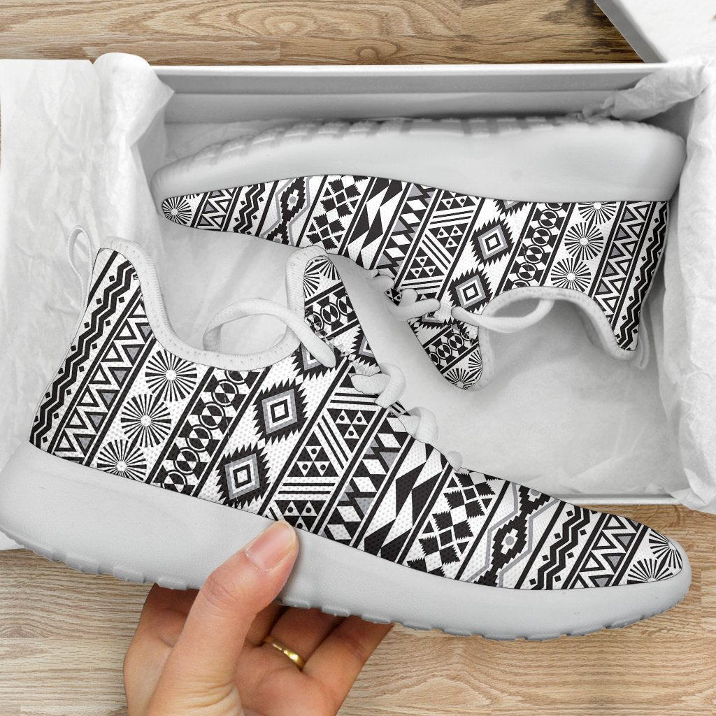 White And Grey Aztec Pattern Print Mesh Knit Shoes GearFrost