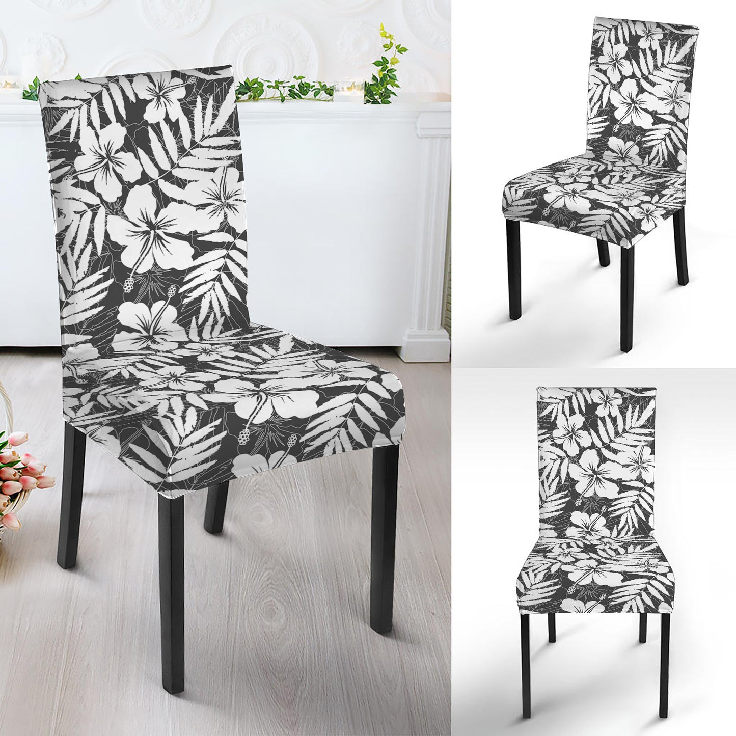 White And Grey Hawaiian Pattern Print Dining Chair Slipcover
