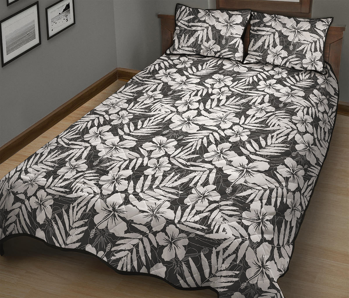 White And Grey Hawaiian Pattern Print Quilt Bed Set