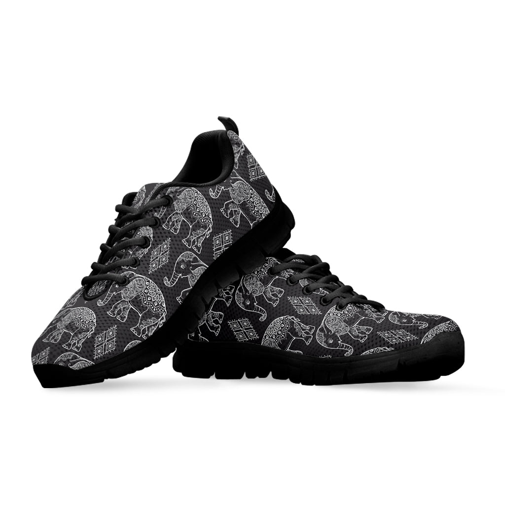 White And Grey Indian Elephant Print Black Sneakers